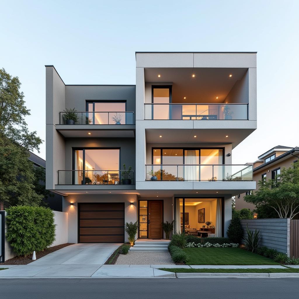 Mẫu nhà phố 3 tầng lệch tầng thiết kế độc đáo với không gian phân chia linh hoạt, tạo cảm giác rộng rãi và thoáng đãng, mang đến sự khác biệt cho ngôi nhà.