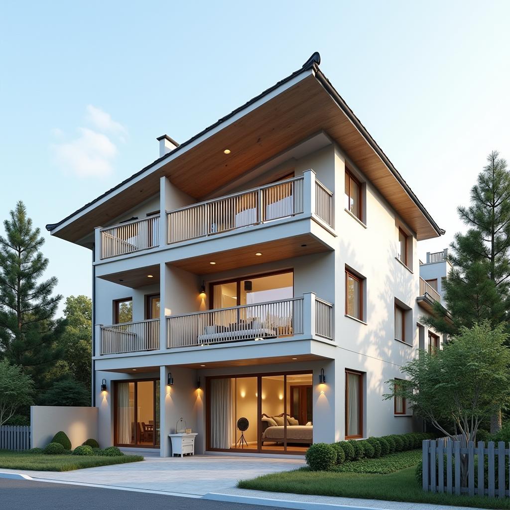 Mẫu nhà phố 3 tầng mái Nhật thiết kế thoáng đãng với nhiều cửa sổ và ban công, tạo không gian sống gần gũi với thiên nhiên.