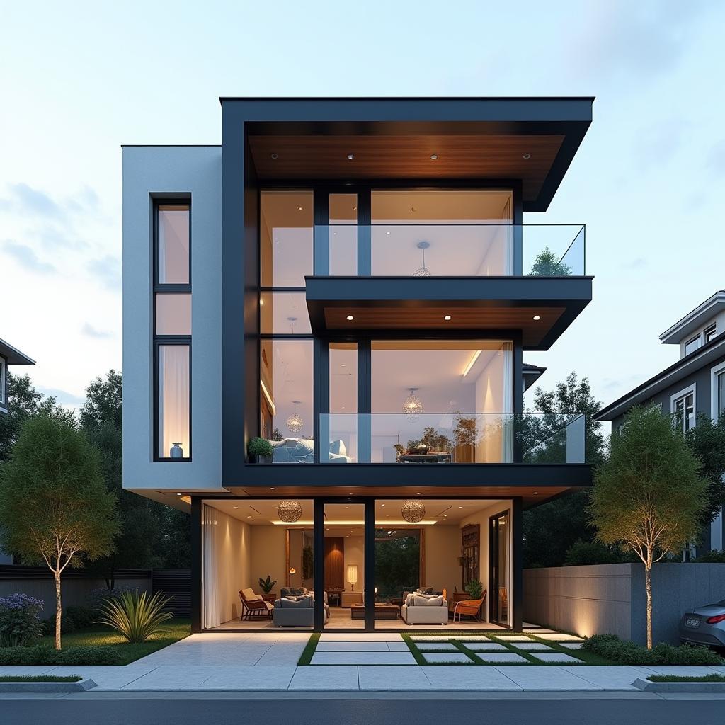 Mẫu nhà phố 3 tầng mặt tiền 5m phong cách hiện đại với thiết kế tối giản và sử dụng vật liệu kính.