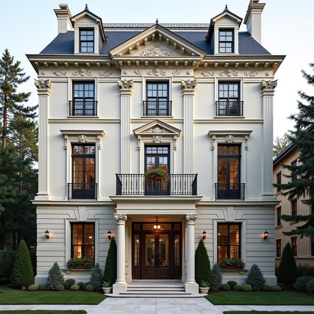 Mẫu nhà phố 3 tầng phong cách tân cổ điển sang trọng với các chi tiết phào chỉ và hoa văn tinh tế, tạo nên vẻ đẹp lịch lãm và quý phái.