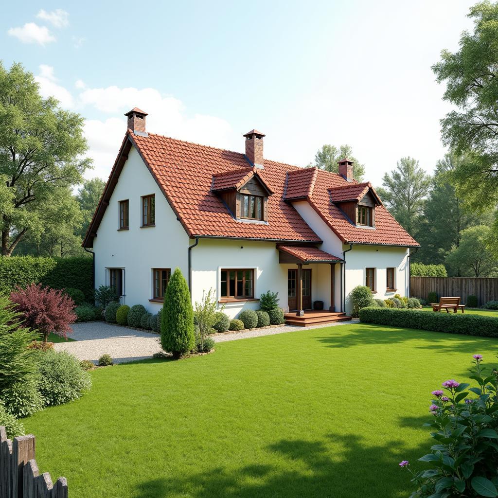 Mẫu nhà vườn 2 tầng chữ L phong cách đồng quê với sân vườn rộng rãi và mái ngói đỏ truyền thống