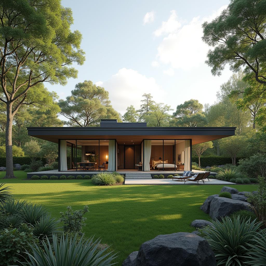 Mẫu nhà vườn cấp 4 mái bằng với không gian xanh mát và thiết kế hiện đại