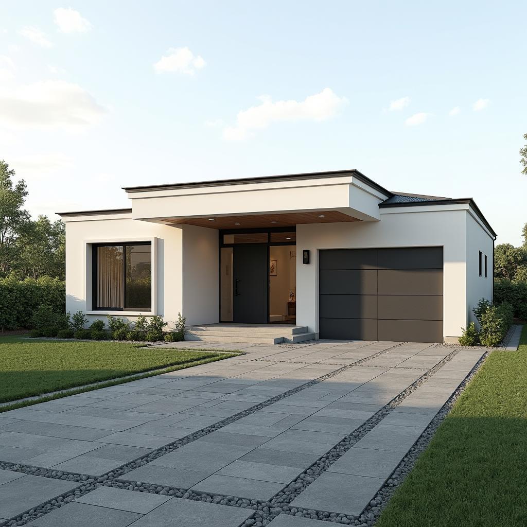 Mẫu nhà vuông 1 tầng mái bằng phong cách hiện đại với thiết kế vuông vắn và đường nét mạnh mẽ