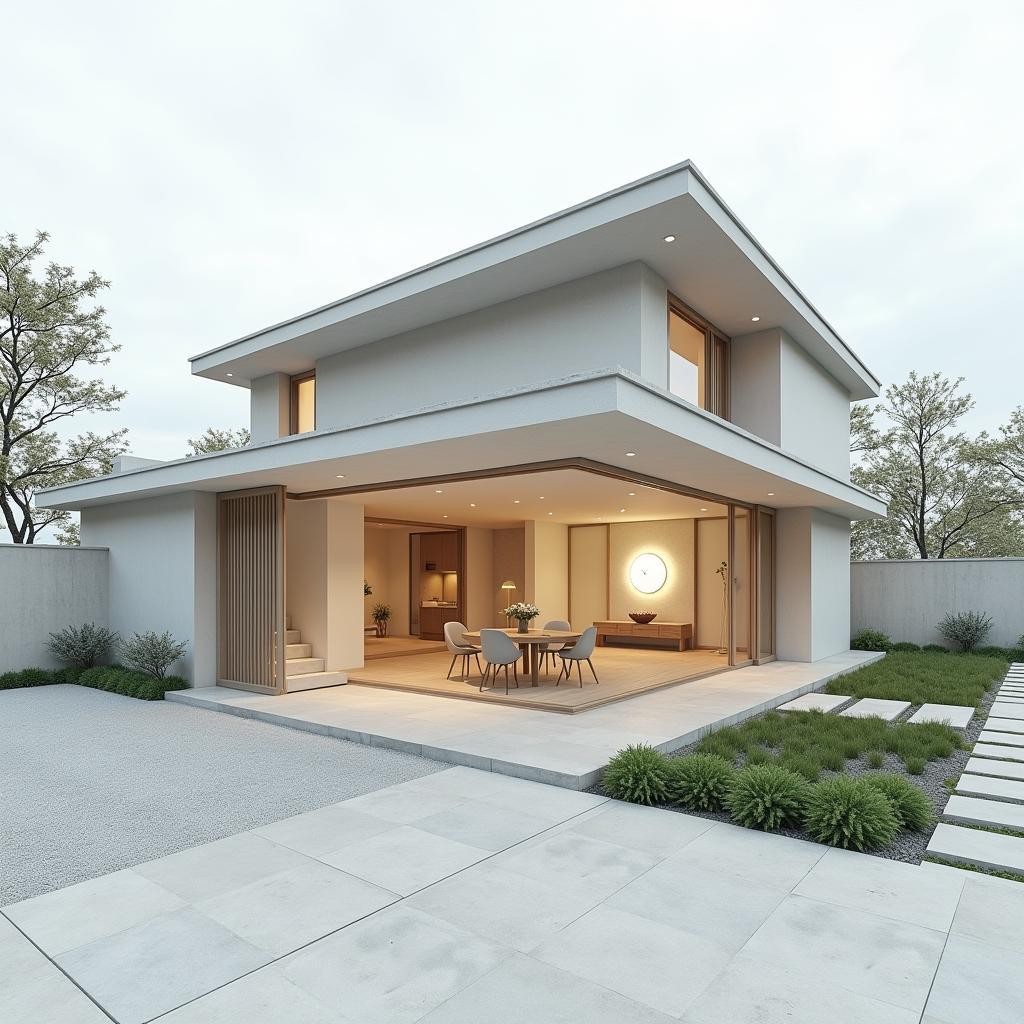 Mẫu nhà vuông 1 tầng mái nhật thiết kế tối giản với gam màu trung tính và không gian mở