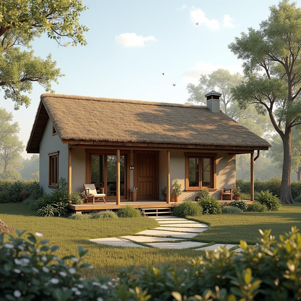 Mẫu nhà vuông 1 tầng phong cách đồng quê gần gũi thiên nhiên với vật liệu tự nhiên và không gian yên bình