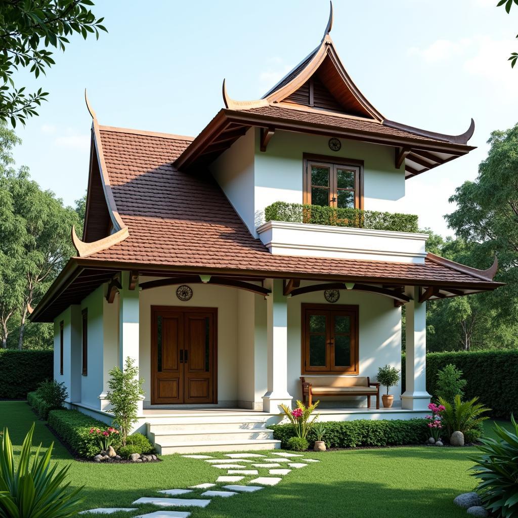 Nhà 2 tầng 1 tum mái thái đẹp đơn giản với không gian xanh mát