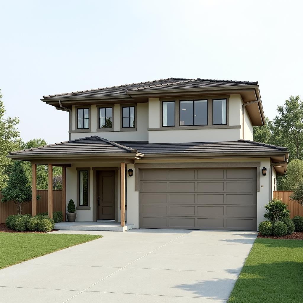 Mẫu nhà 2 tầng có gara ô tô thiết kế mái Nhật với kiến trúc hiện đại, sử dụng màu sắc trung tính và vật liệu tự nhiên