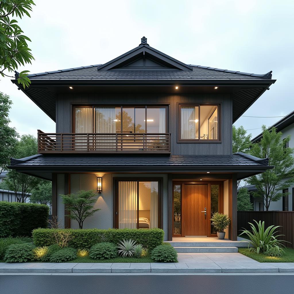 Mẫu nhà 2 tầng mái Nhật 5x20 với thiết kế sân vườn nhỏ xinh trước nhà, mang đến không gian sống xanh mát và gần gũi với thiên nhiên