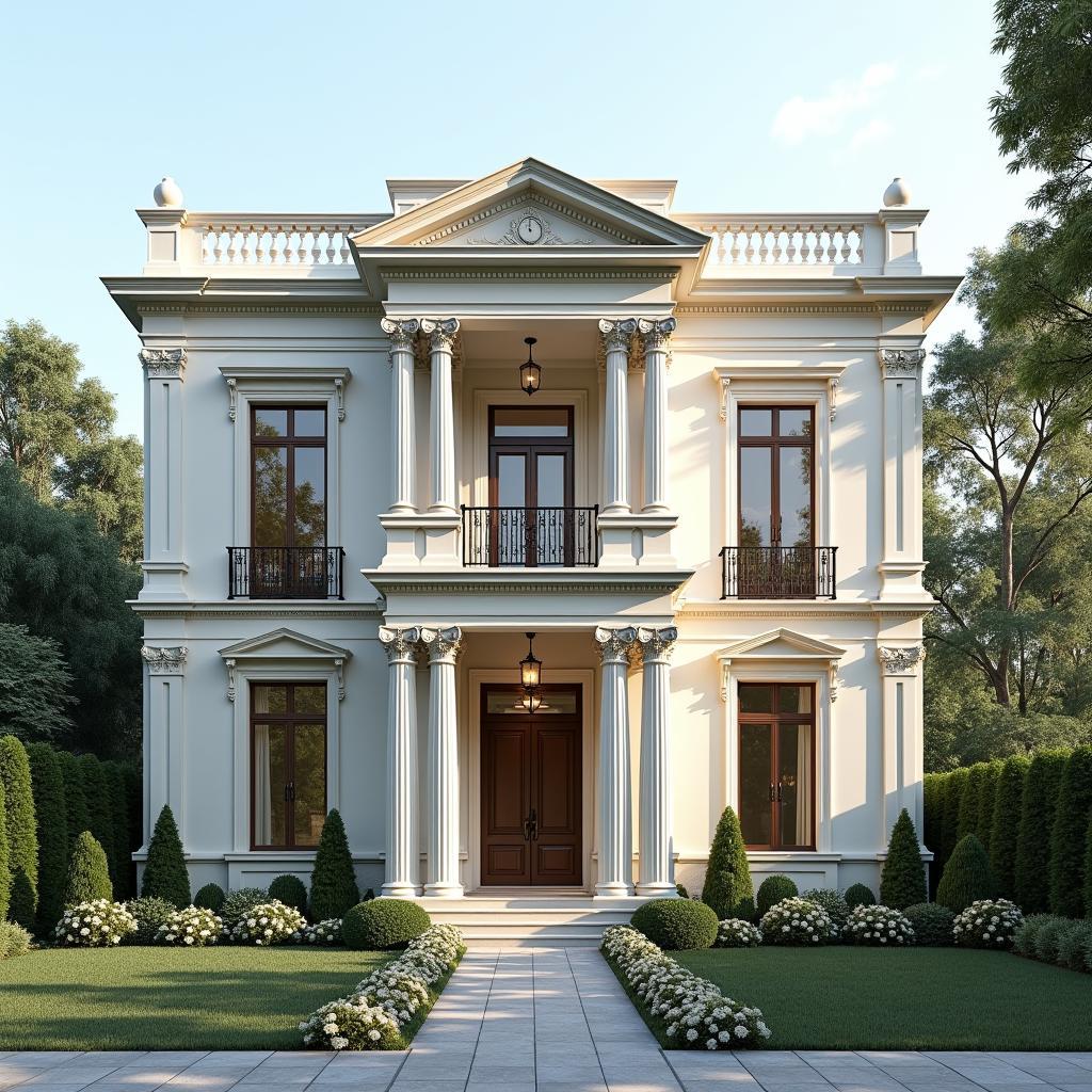 Mẫu nhà 2 tầng tân cổ điển 5x20 với các chi tiết phào chỉ tỉ mỉ, mang đến vẻ đẹp sang trọng, lịch lãm và tinh tế