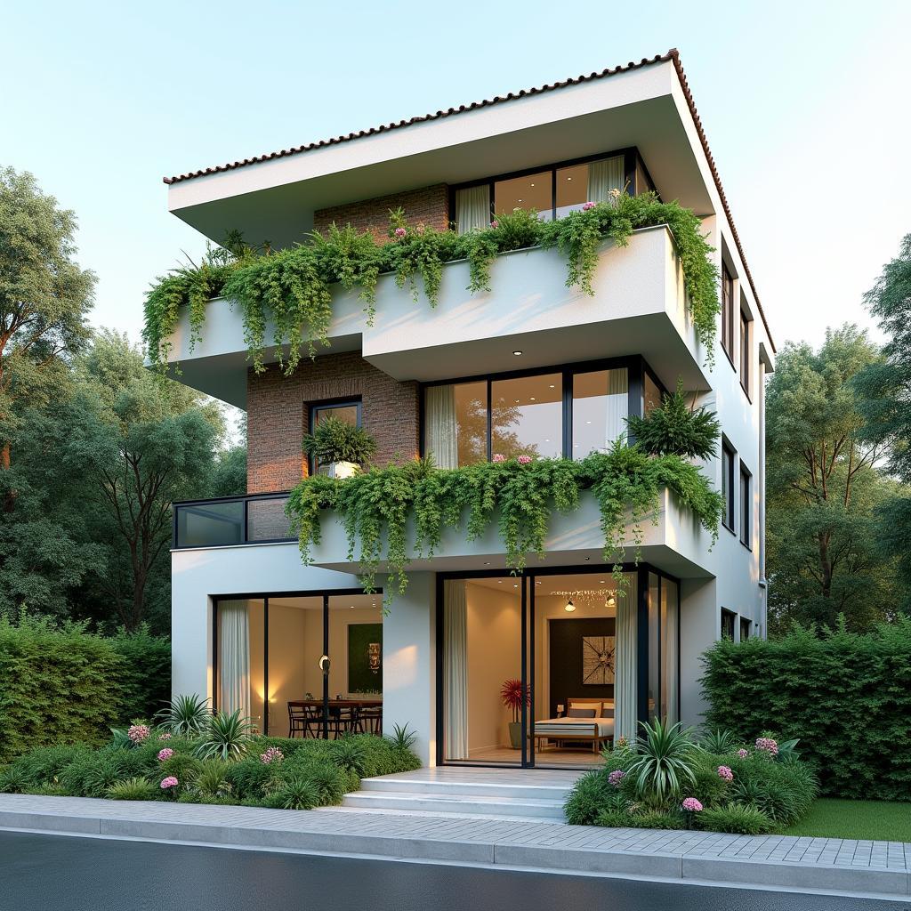 Mau nha 3 tang mat tien 5m voi ban cong xanh mat va than thien voi moi truong