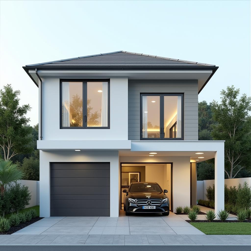 Mau nha 3 tang mat tien 5m co gara o to thiet ke tien loi va hien dai