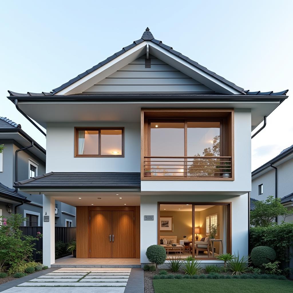 Mau nha 3 tang mat tien 5m mai Nhat dep thanh lich va trang nha