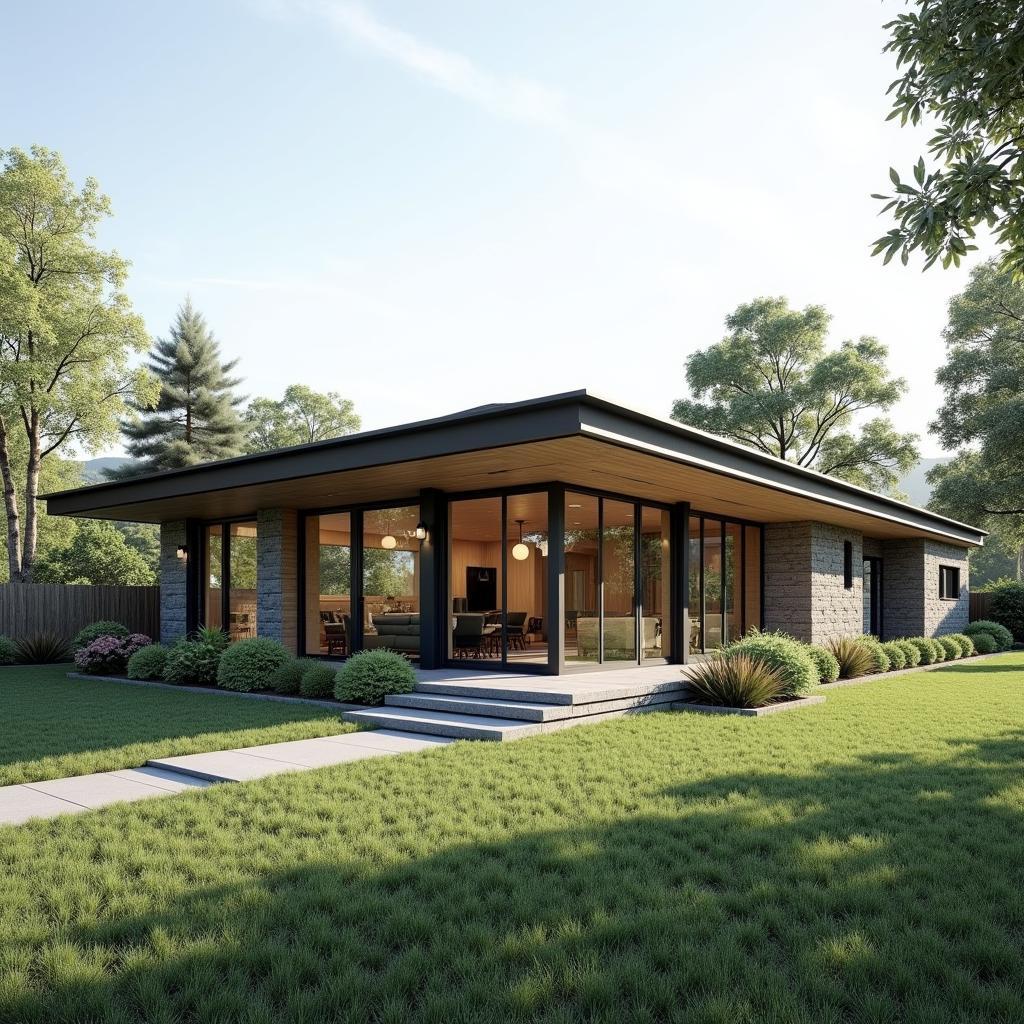 Nhà Bungalow mái bằng với phối cảnh ngoại thất ấn tượng