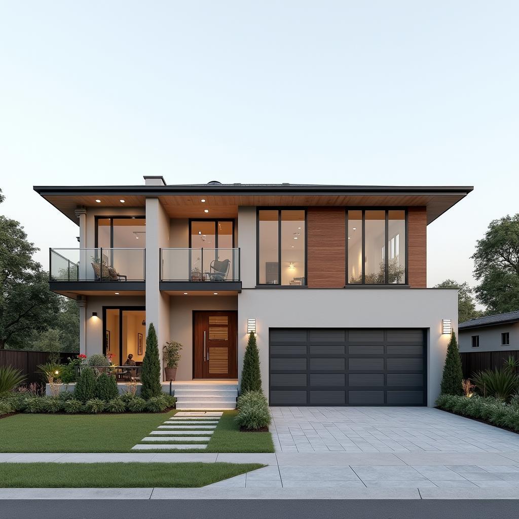 Mẫu nhà cấp 4 có gara ô tô thiết kế hiện đại với mặt tiền sử dụng kính và gỗ công nghiệp, tạo không gian mở và thông thoáng