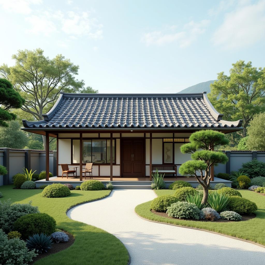 Mẫu nhà cấp 4 kiểu Nhật đơn giản, mái ngói, sân vườn