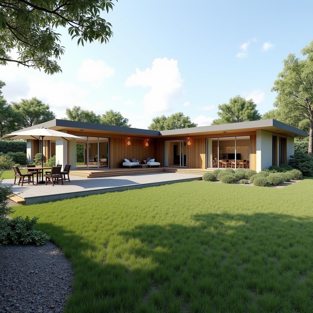 Mẫu nhà cấp 4 mái bằng có sân vườn rộng rãi và thoáng đãng