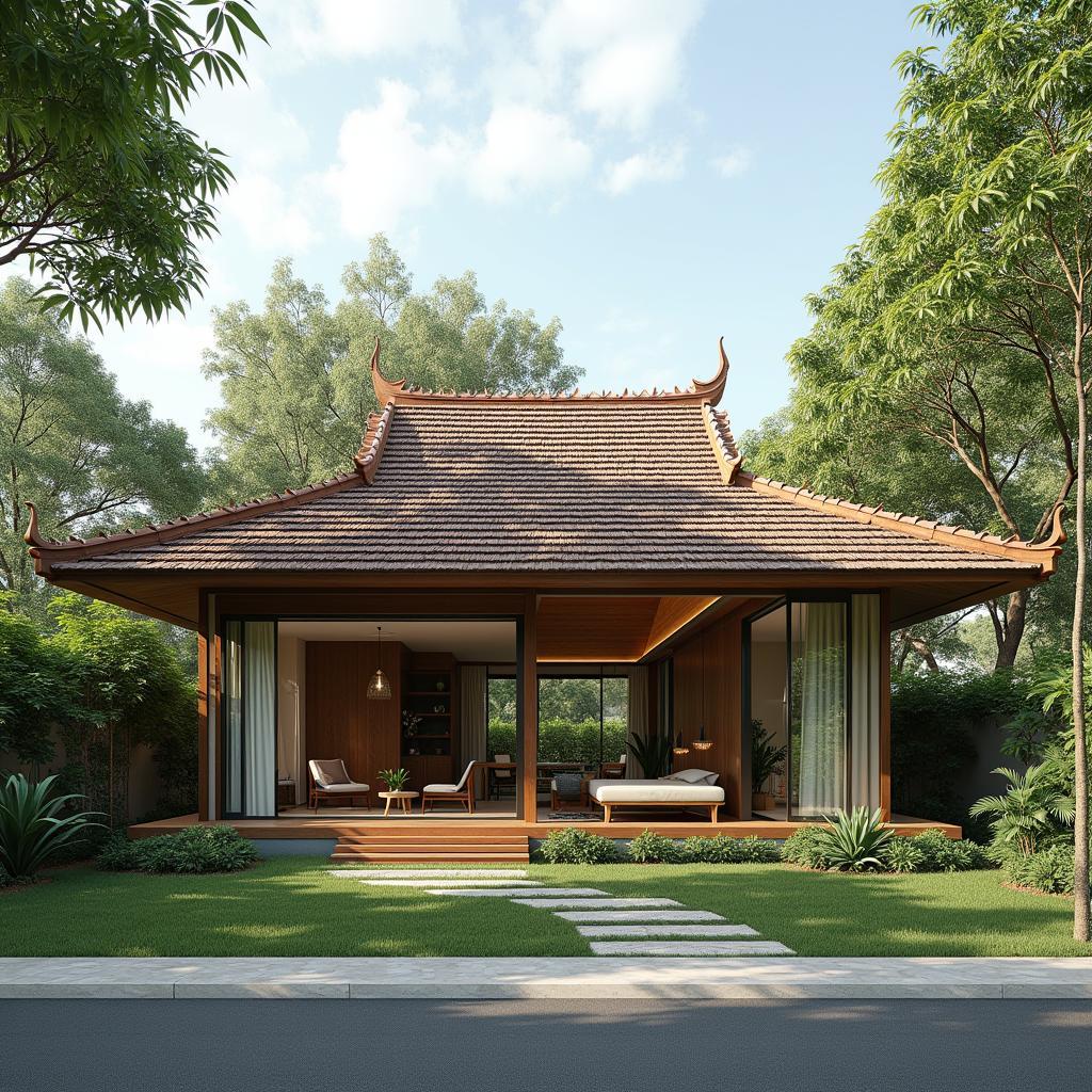 Nhà cấp 4 mái thái 3 phòng ngủ phong cách hiện đại, tối giản, sử dụng vật liệu địa phương