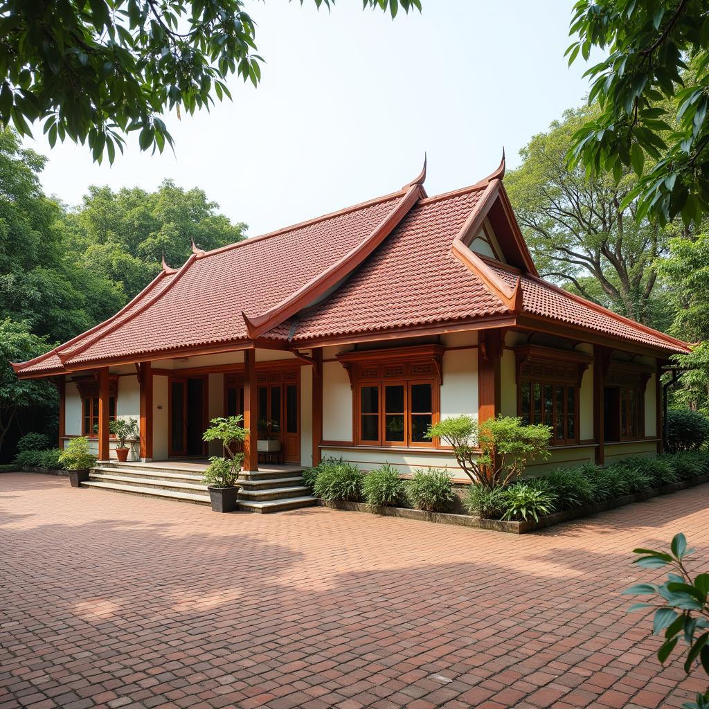 Nhà cấp 4 mái thái 5 gian truyền thống, lợp ngói đỏ, sân gạch rộng rãi