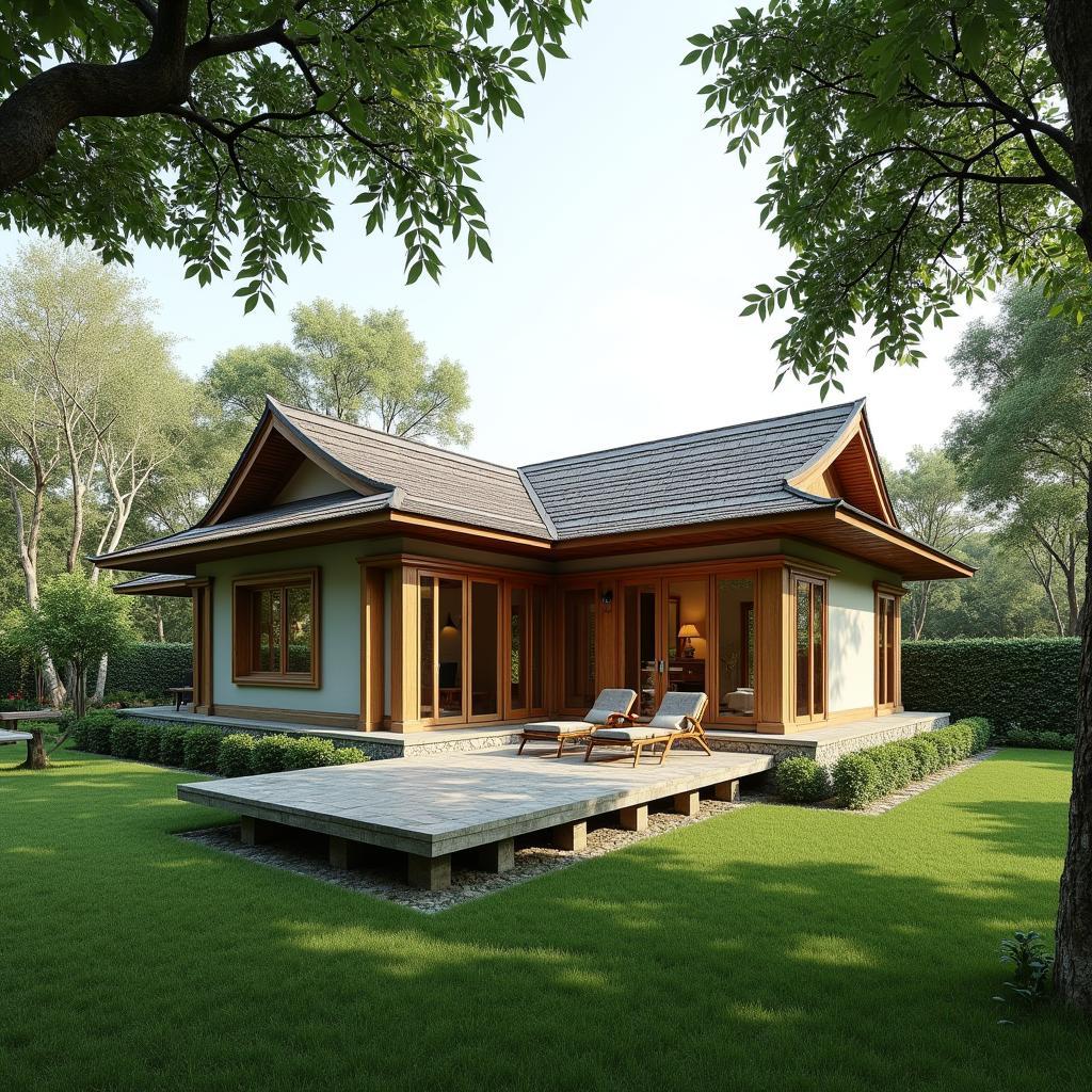 Nhà cấp 4 mái thái chữ L, thiết kế sân vườn rộng rãi, thoáng mát