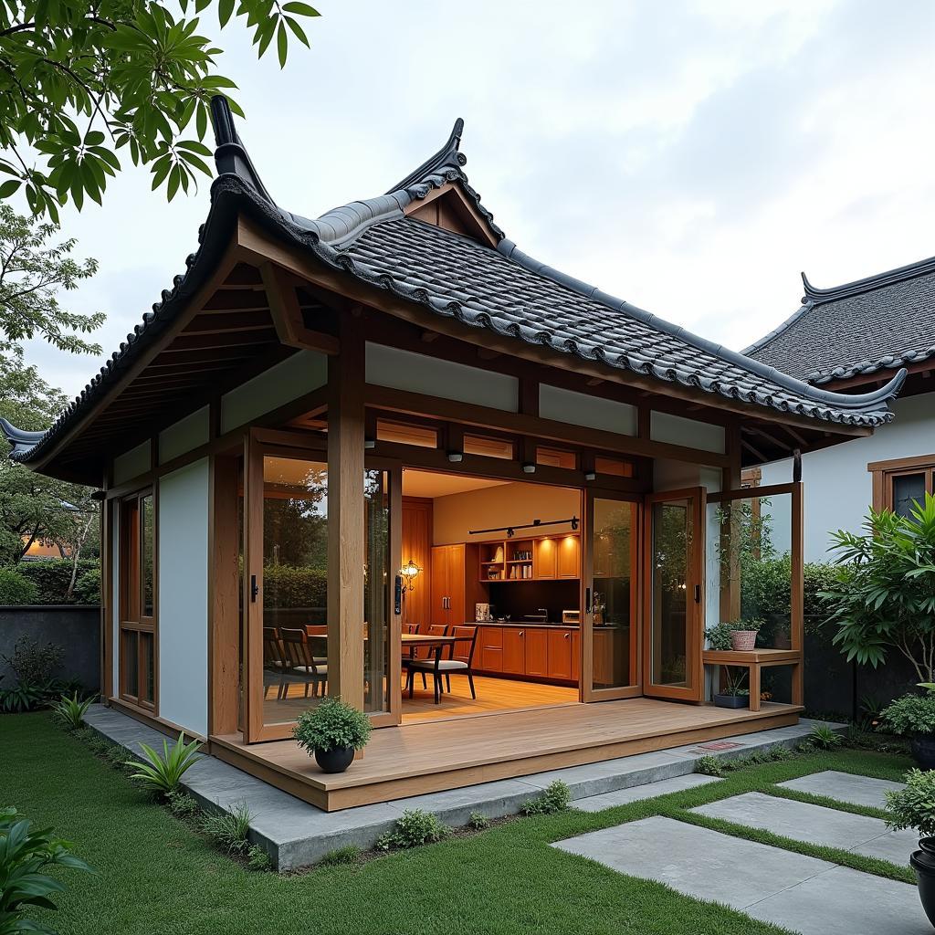 Nhà cổ Bắc Bộ 1 tầng mái Nhật, kiến trúc truyền thống kết hợp hiện đại, không gian sống ấm cúng, gần gũi