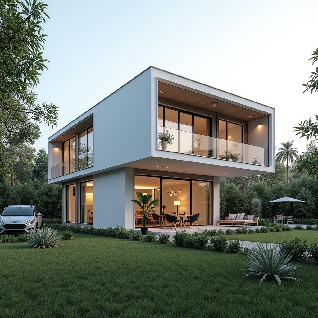 Nha lap ghep 2 tang dep hien dai, thiet ke toi gian, su dung vat lieu than thien moi truong