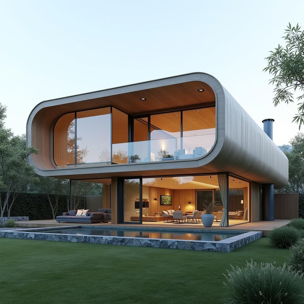 Mẫu nhà ống 2 tầng hiện đại với mặt tiền 5m, thiết kế tối giản, sử dụng vật liệu kính và gỗ