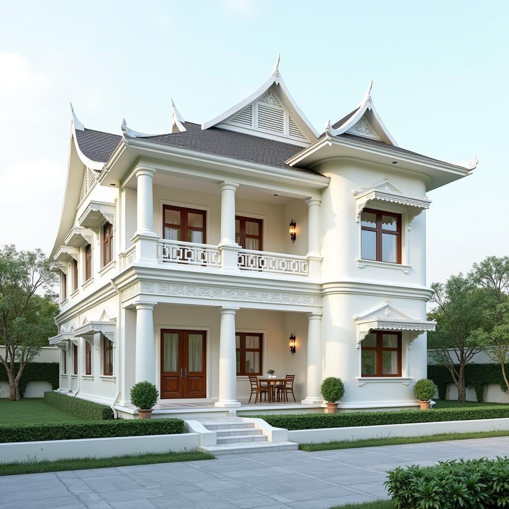 Nhà ống 3 tầng mái thái sơn màu trắng sứ phong cách tân cổ điển
