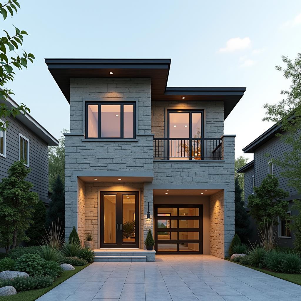 Mẫu nhà phố 2 tầng mái bằng 5x20 phong cách hiện đại với mặt tiền ốp đá tự nhiên sang trọng và hệ thống cửa kính lớn