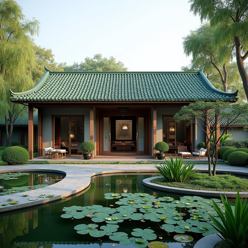 Nhà vườn Bắc Bộ mái ngói xanh, kiến trúc cổ điển, sân vườn rộng rãi, ao cá, cây xanh