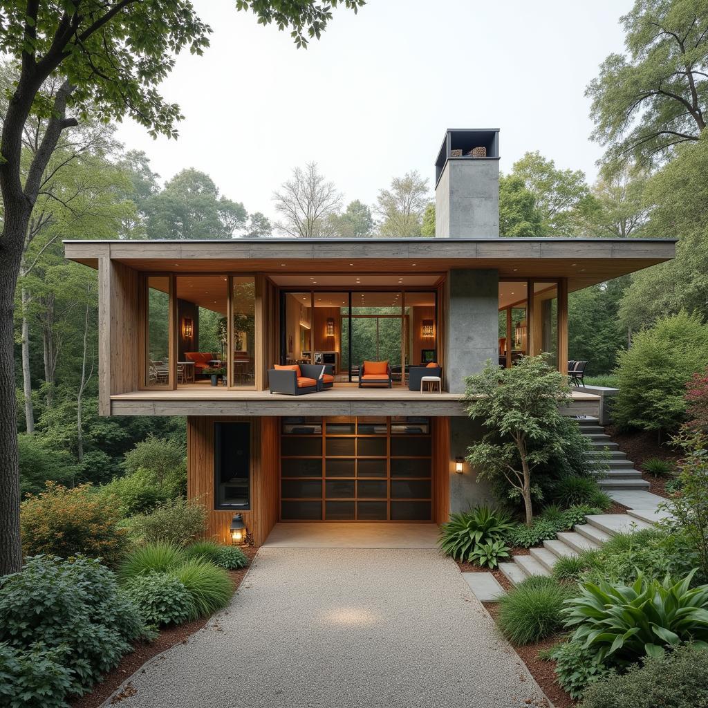 Mẫu nhà vườn cấp 4 có gara ô tô thiết kế hòa mình với thiên nhiên, sử dụng vật liệu tự nhiên và không gian mở