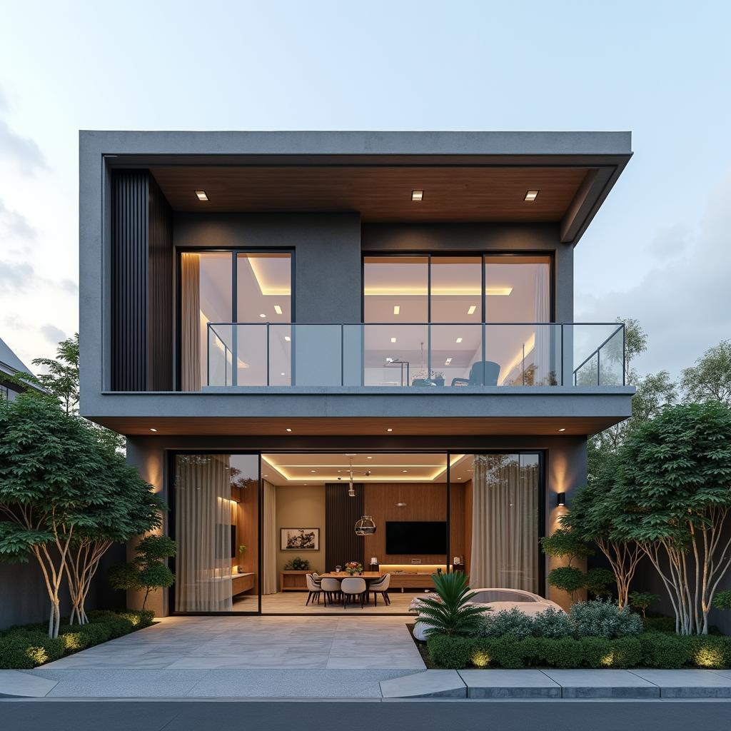 Mẫu nhà 2 tầng mái bằng 500 triệu đồng, phong cách hiện đại với mặt tiền ấn tượng, sử dụng nhiều kính để tăng ánh sáng tự nhiên