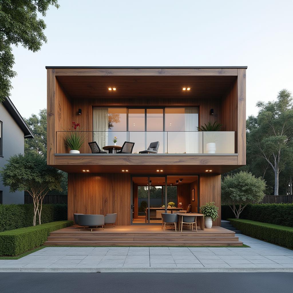 Mau nha go 2 tang hien dai, thiet ke toi gian, khong gian mo, ban cong rong