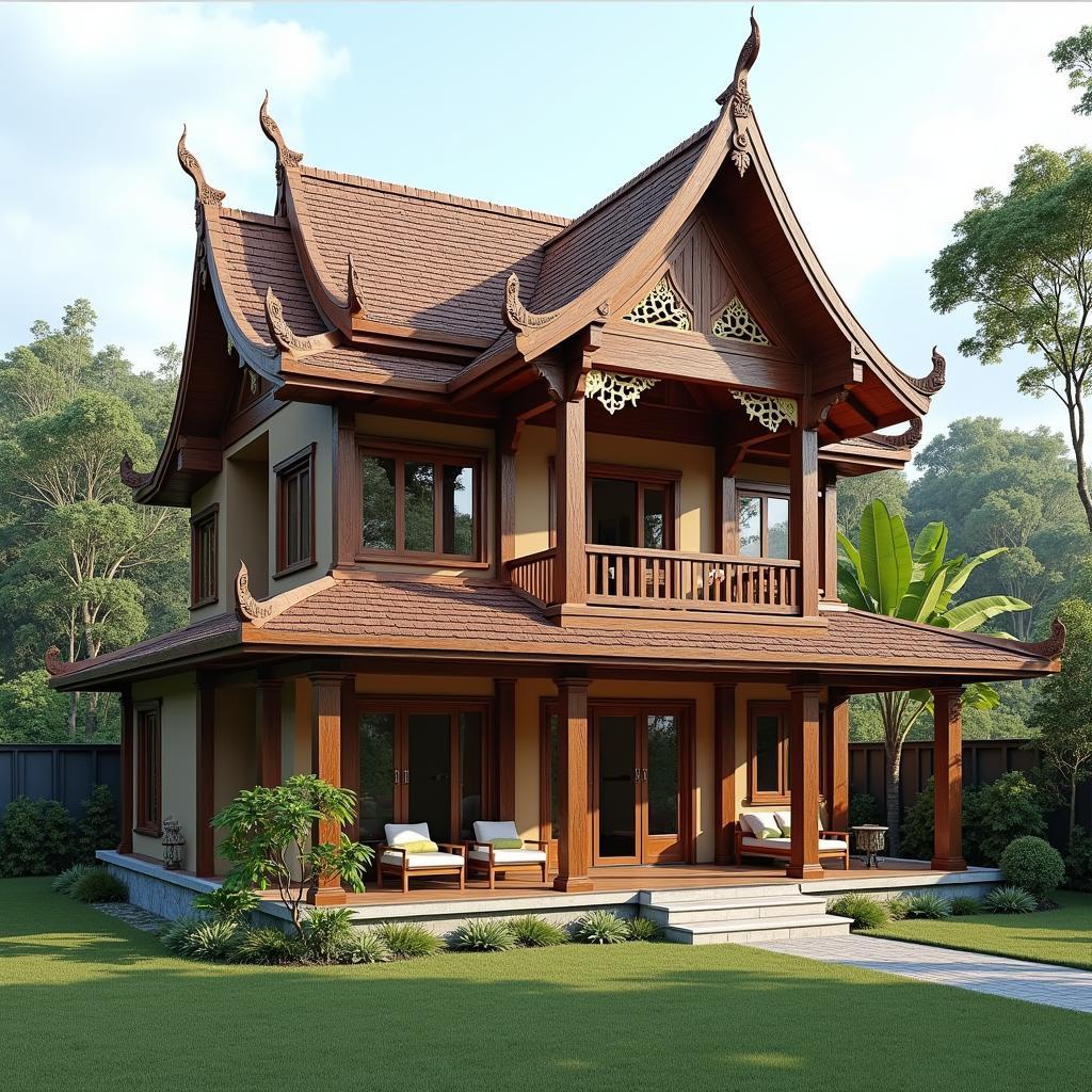 Mau nha go cap 4 mai thai dep, phong cach truyen thong, mat bang cong nang khoa hoc