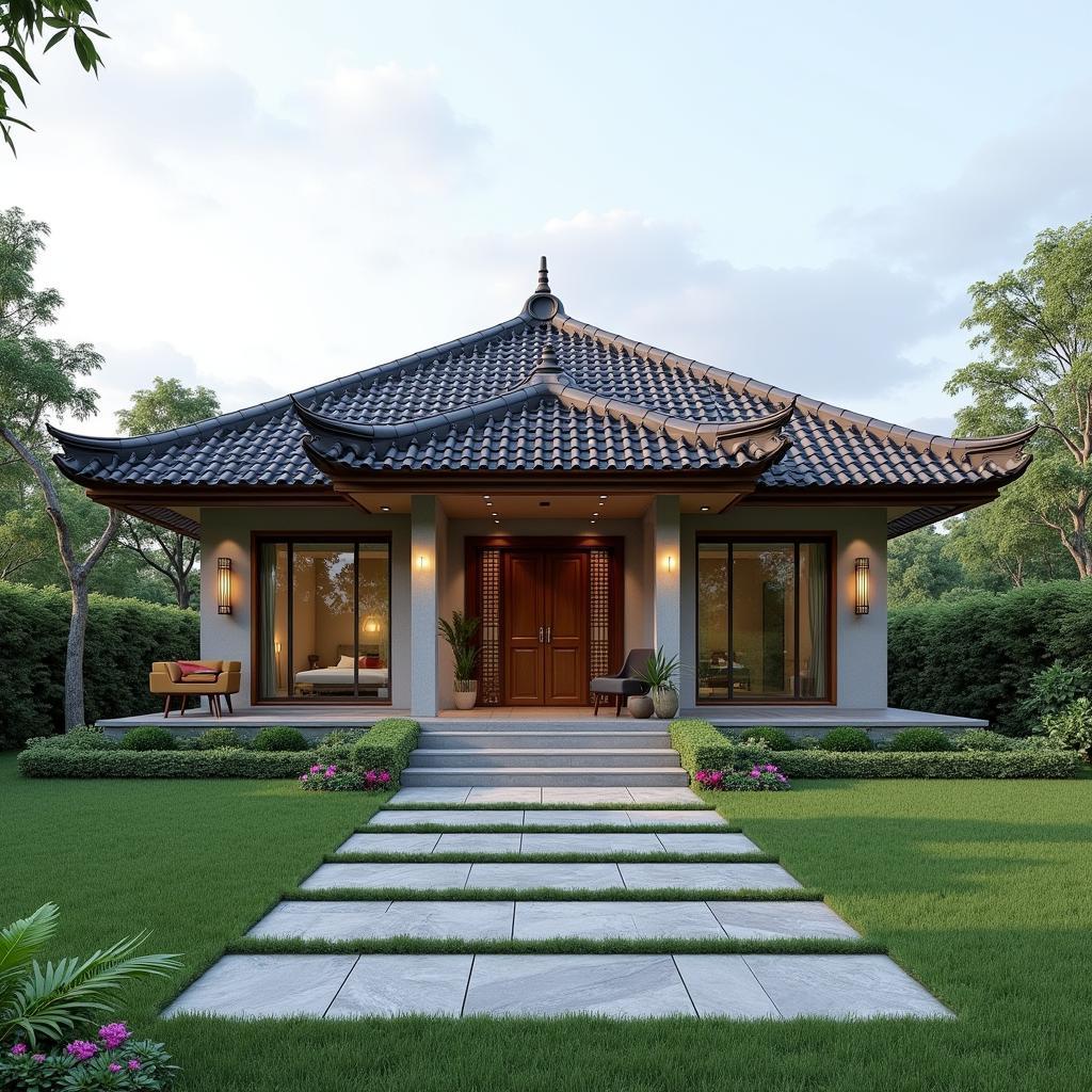 Mẫu nhà cấp 4 mái nhật 500 triệu đồng đẹp sang trọng, phù hợp với vùng nông thôn và ngoại ô, có sân vườn rộng rãi