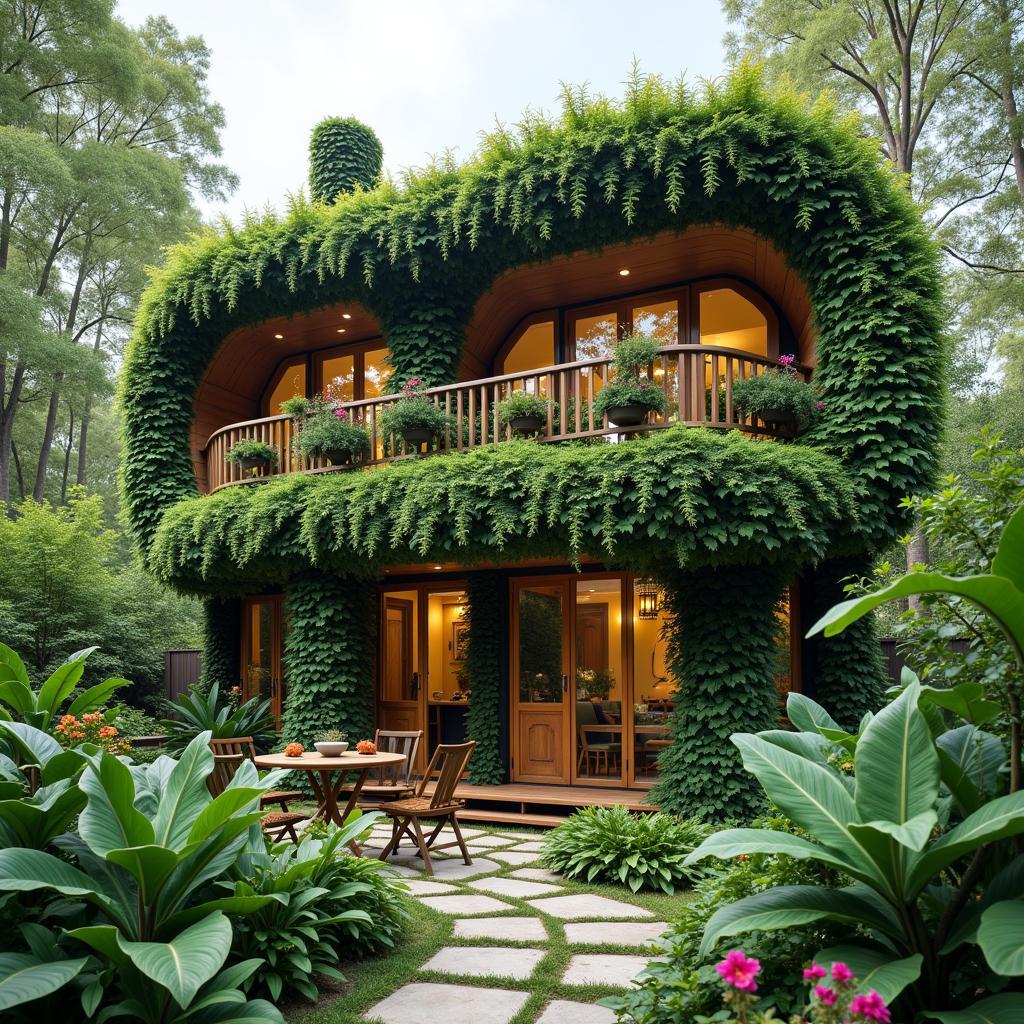 Nhà ống 2 tầng với ban công xanh mát trồng nhiều loại cây cảnh