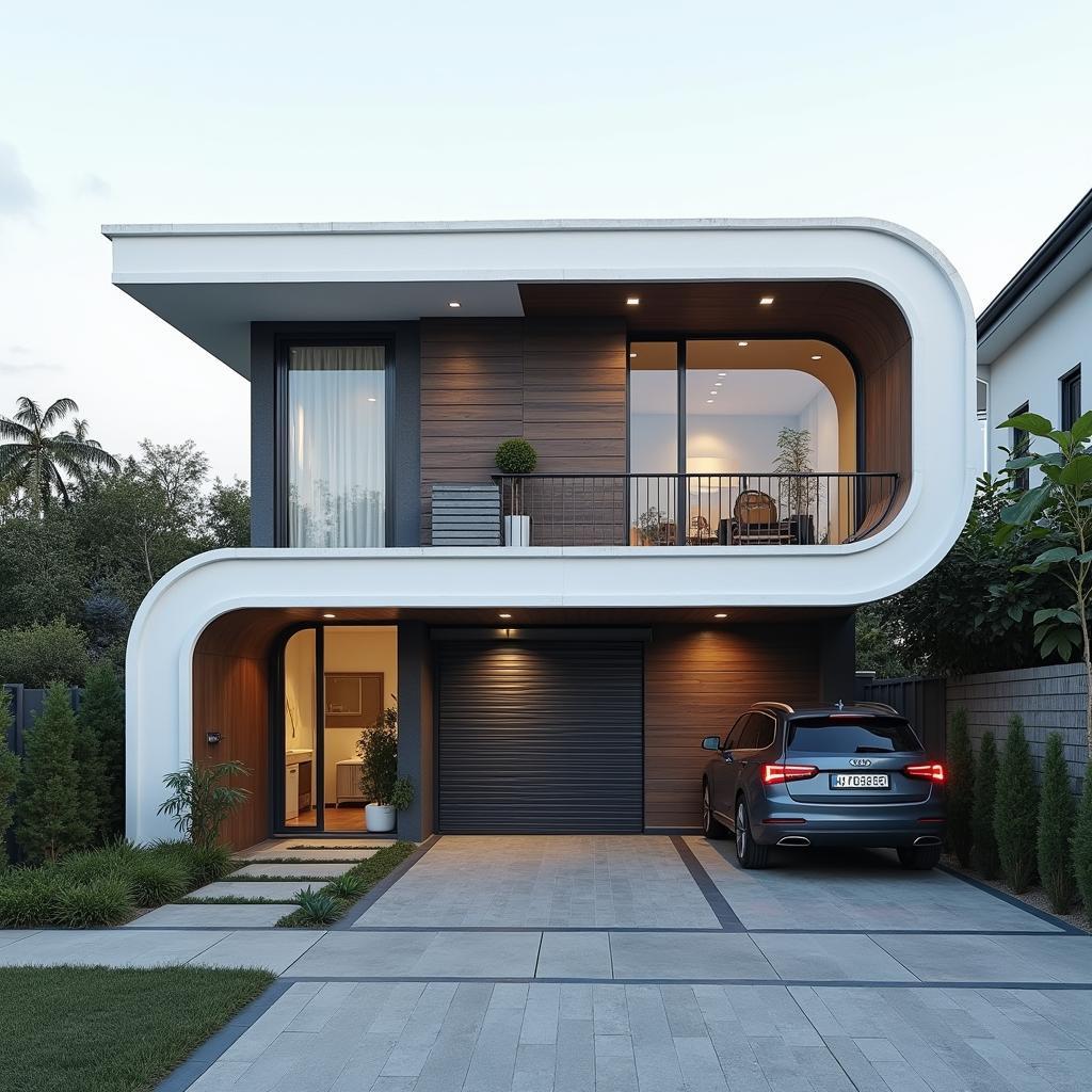 Nhà ống 2 tầng có gara ô tô hiện đại với thiết kế cổng cuốn tự động