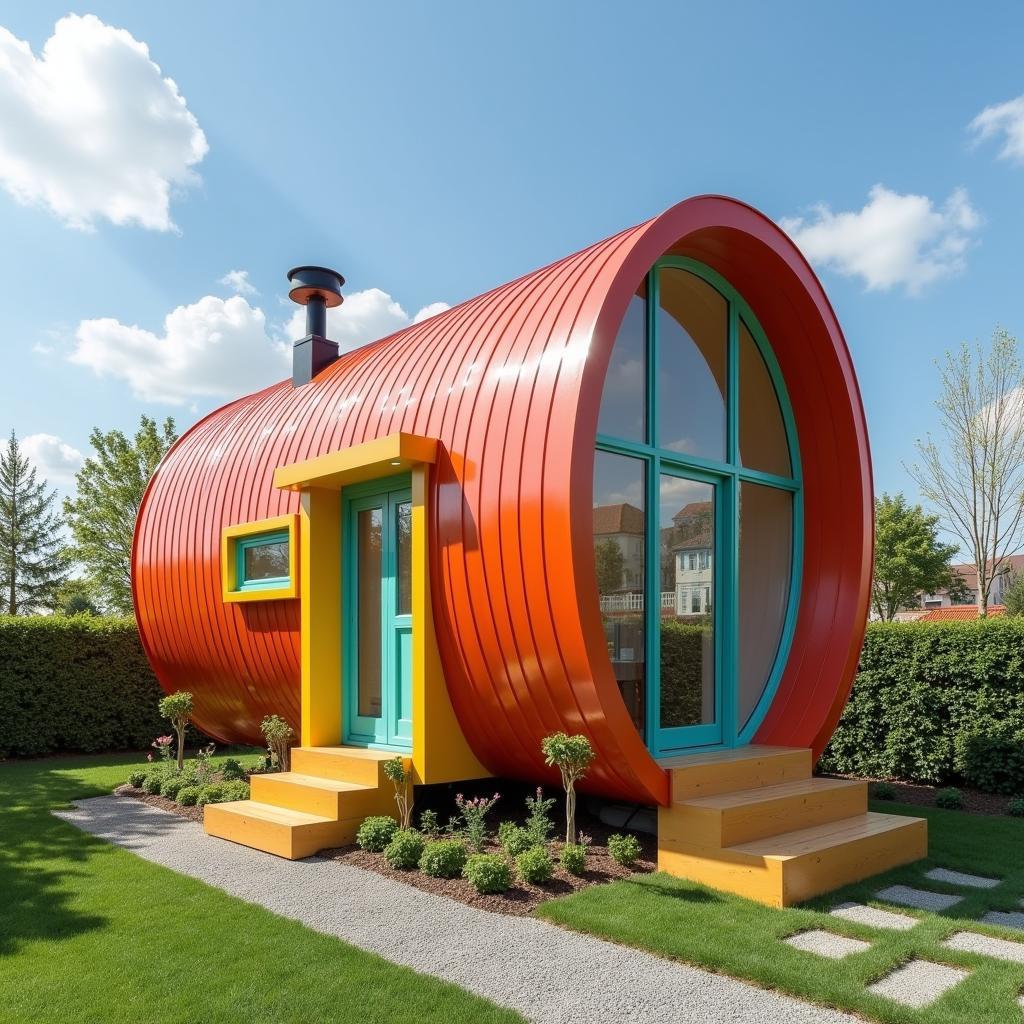 Mẫu nhà ống 2 tầng giá rẻ với mặt tiền thiết kế sáng tạo và màu sắc nổi bật