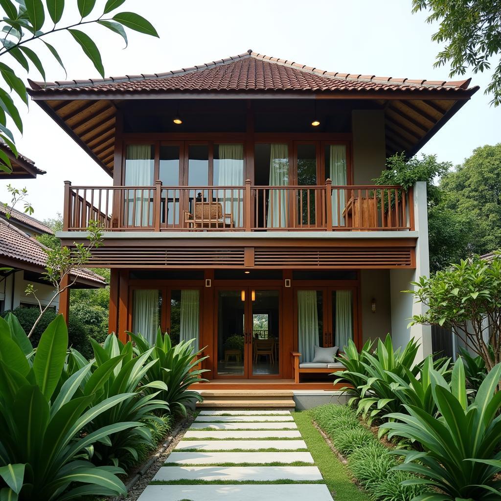 Nhà ống 2 tầng mái thái có vườn nhỏ phía trước với nhiều cây xanh