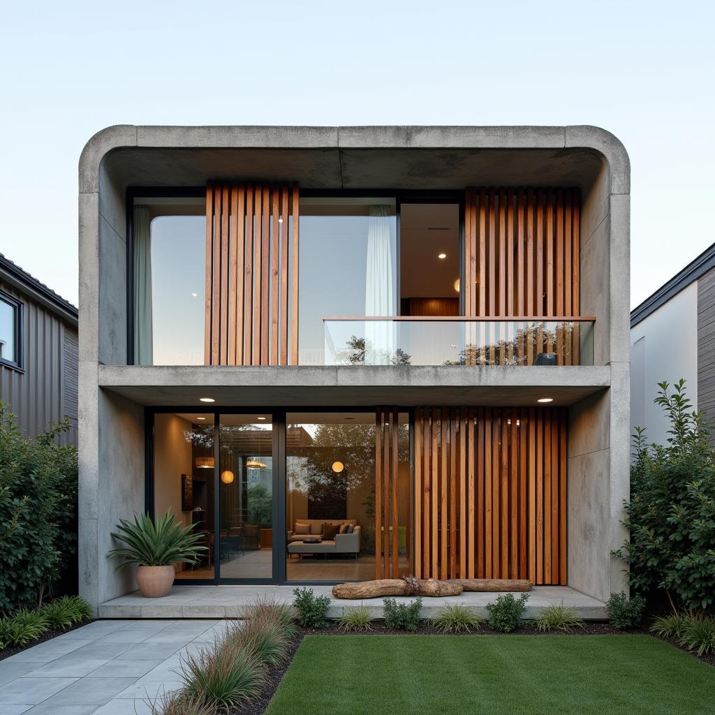 Mặt tiền nhà ống 2 tầng sử dụng kính cường lực kết hợp lam gỗ trang trí